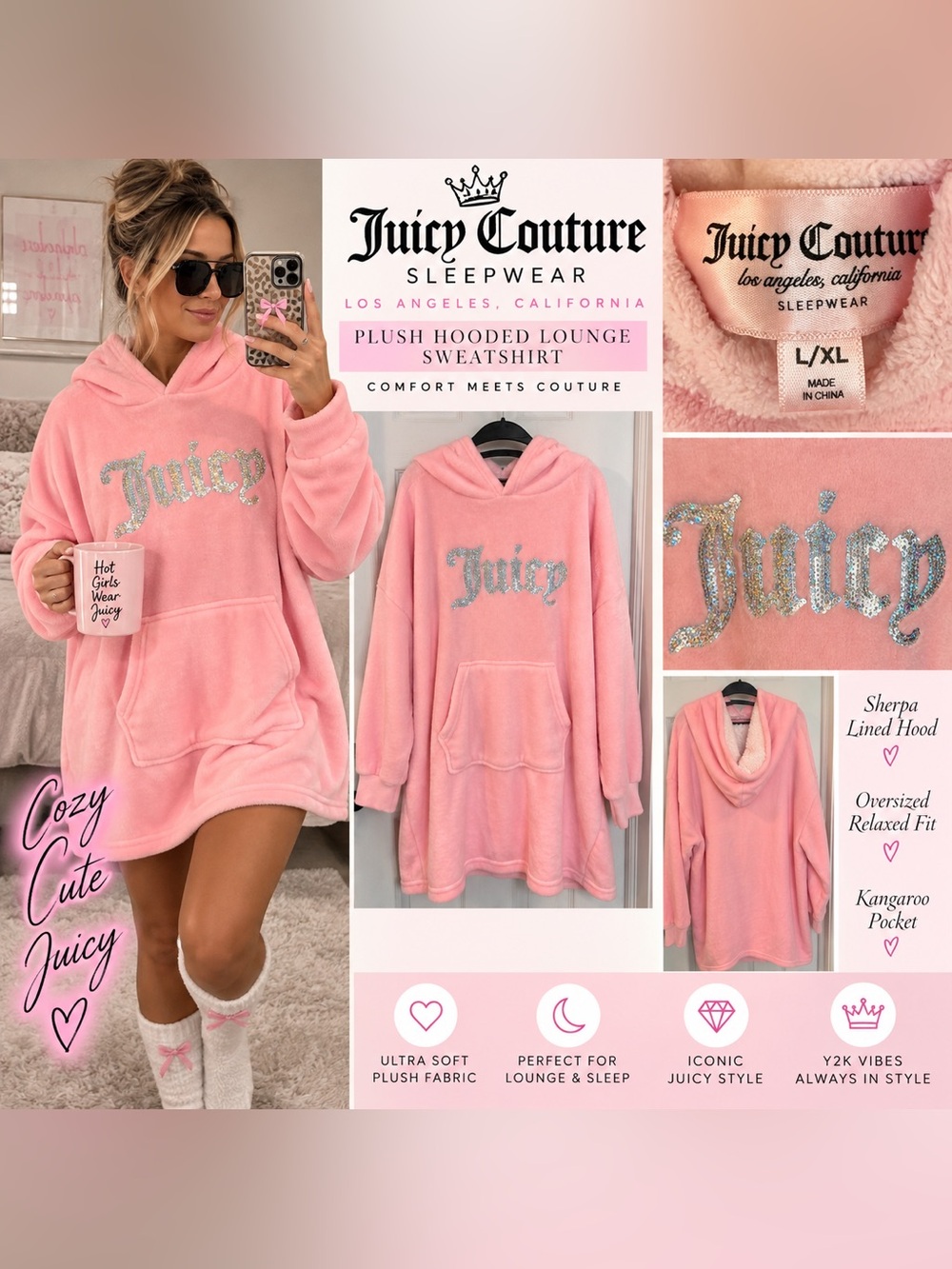 Juicy Couture Pink Plush Hooded Sleepwear Lounge Tunic L/XL Rhinestone Y2K